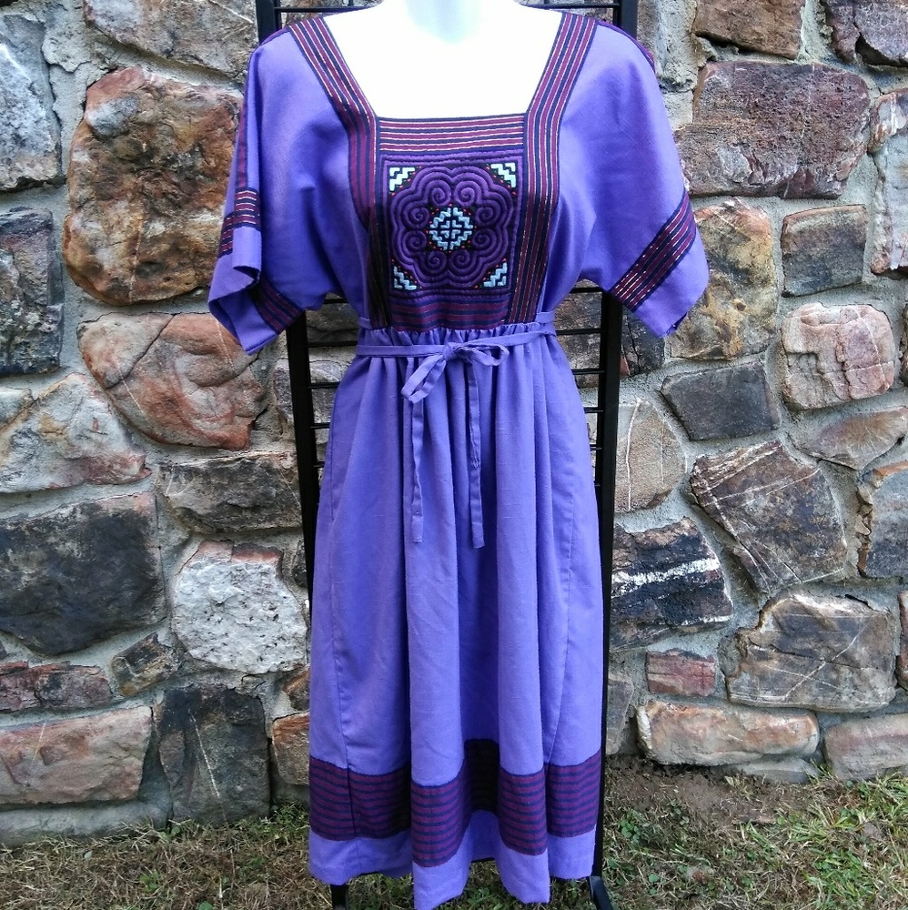 Purple cotton dress Square Neck Embellished